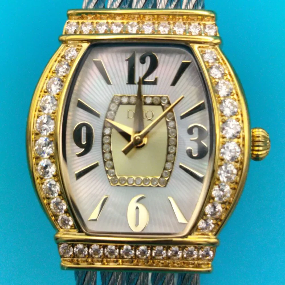 DMQ Women's Gold Tone Cubic Zirconia Mother of Pearl Dial Cable Bangle Watch